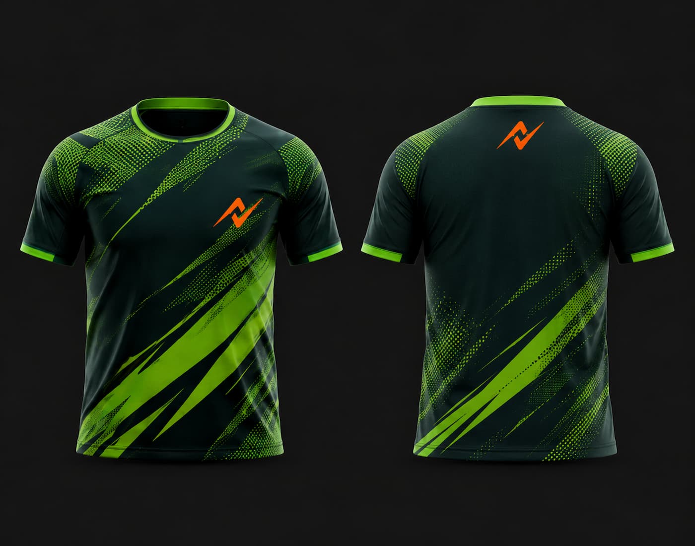 Front and back view of a neon green and black round neck cricket jersey featuring dynamic diagonal graphics with an orange chest logo for custom cricket teams.