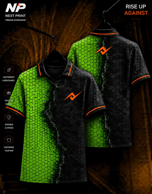Neon green and black hexagon sublimation polo sports jersey with custom team logo by Next Print