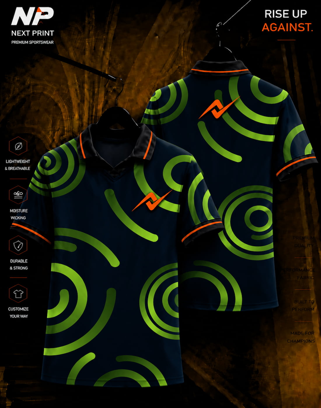 Neon green circular wave sublimation polo sports jersey front and back mockup by Next Print