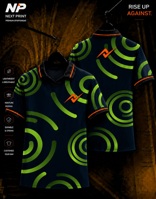 Neon green circular wave sublimation polo sports jersey front and back mockup by Next Print