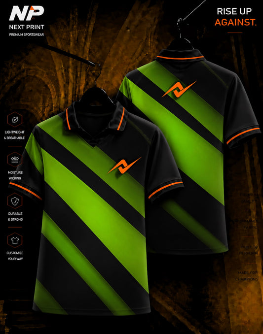 Neon green and black diagonal stripe sublimation polo sports jersey with Next Print logo