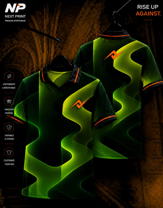 Neon green flow wave sublimation polo sports jersey front and back design by Next Print
