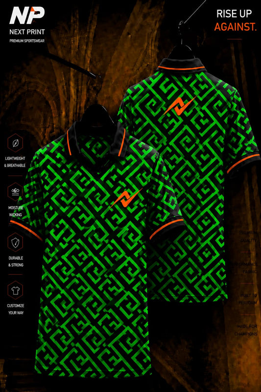 Neon green and black geometric maze sublimation polo sports jersey front and back by Next Print