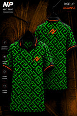 Neon green and black geometric maze sublimation polo sports jersey front and back by Next Print