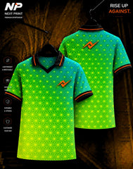 Neon green and turquoise geometric star pattern polo sports jersey with black collar and orange accents by Next Print