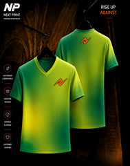 Neon green and yellow gradient sublimation V-neck sports jersey front and back mockup by Next Print
