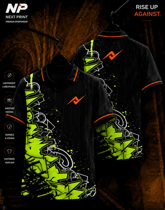 Neon green and black graffiti custom polo sports jersey with front and back view by Next Print