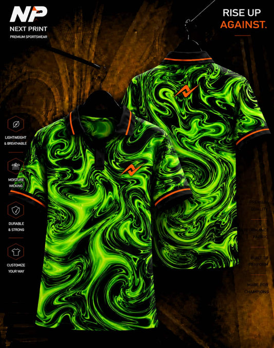 Neon green and black liquid swirl sublimation polo sports jersey front and back by Next Print