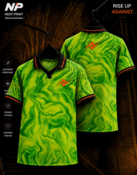 Neon green and lime marble wave polo sports jersey with black collar, orange accents and Next Print logo in front and back view