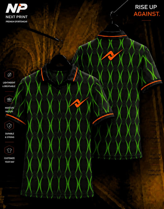 Neon green matrix wave black sublimation polo sports jersey front and back mockup by Next Print