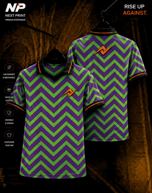 Neon green and purple chevron sublimation polo sports jersey with front and back view by Next Print