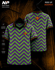 Neon green and purple chevron sublimation polo sports jersey with front and back view by Next Print