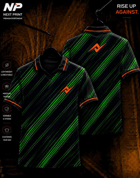 Neon green diagonal velocity lines black sublimation polo sports jersey front and back by Next Print
