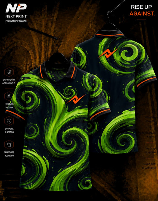 Neon green and black vortex sublimation polo sports jersey front and back by Next Print