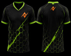 Black and neon green V-neck esports jersey with futuristic hexagon graphics shown in front and back views.