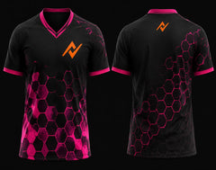 Front and back mockup of a black and neon pink V-neck esports jersey featuring hexagonal honeycomb graphics, orange chest logo, and back neck logo.