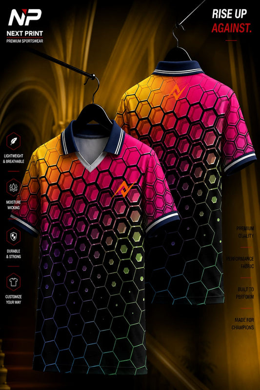 Front and back view of a neon hexagon gradient polo sports jersey featuring pink, yellow, and black colors with premium dry-fit performance fabric.