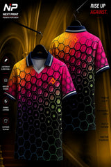 Front and back view of a neon hexagon gradient polo sports jersey featuring pink, yellow, and black colors with premium dry-fit performance fabric.