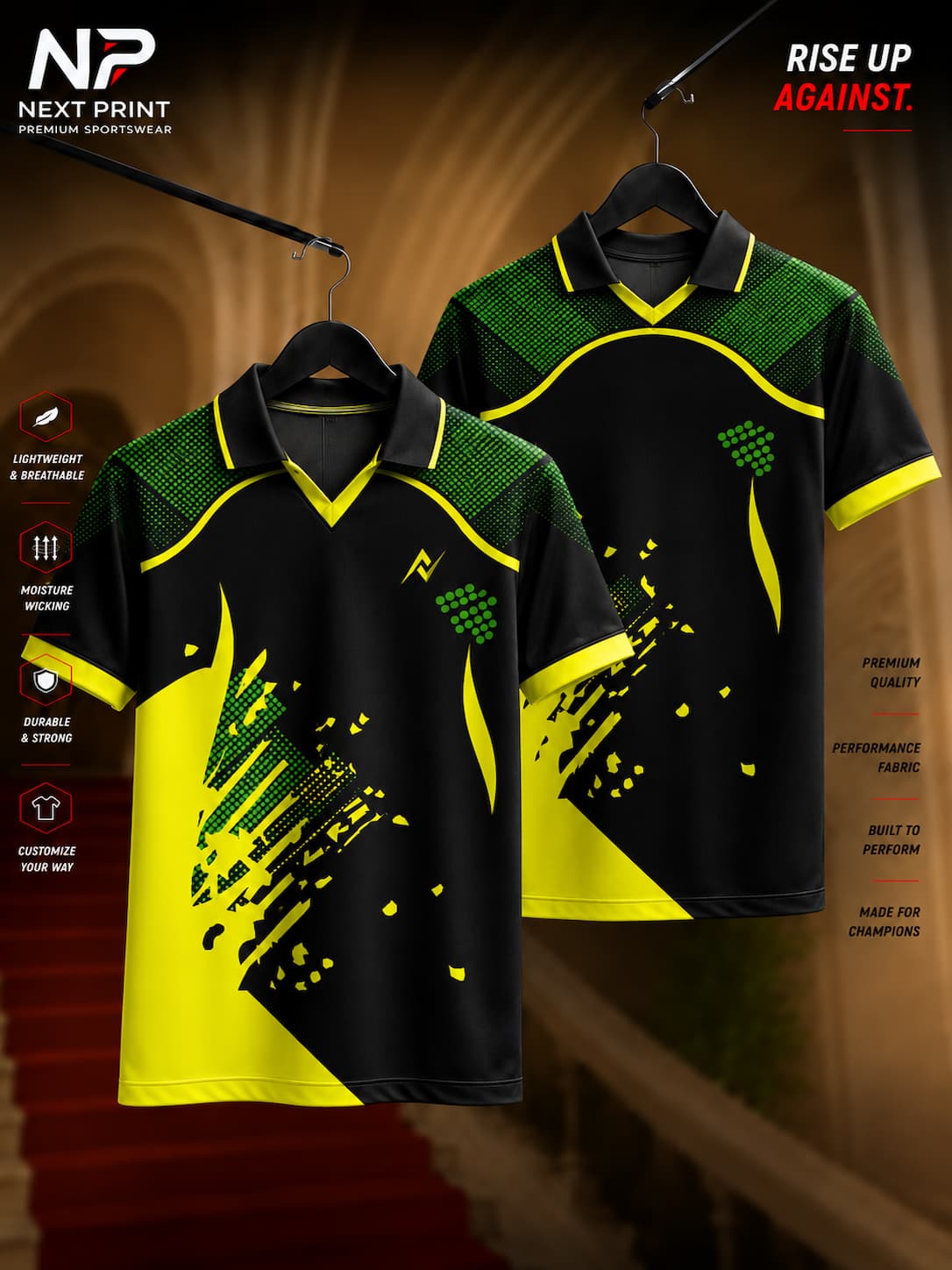 Black and neon yellow custom performance polo sports jersey with abstract graphic design shown in front and back views.