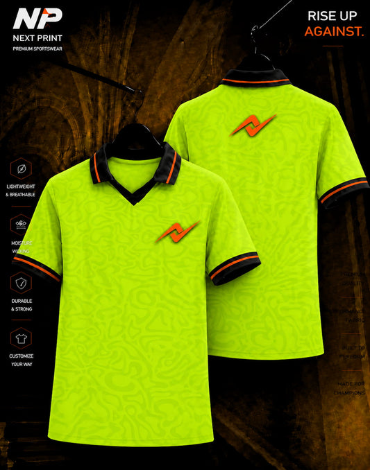 Neon lime green abstract camo polo sports jersey with black collar and orange accents by Next Print