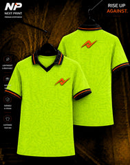 Neon lime green abstract camo polo sports jersey with black collar and orange accents by Next Print