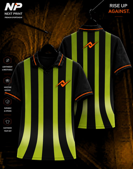 Neon lime green and black vertical stripe polo sports jersey with Next Print logo, front and back view
