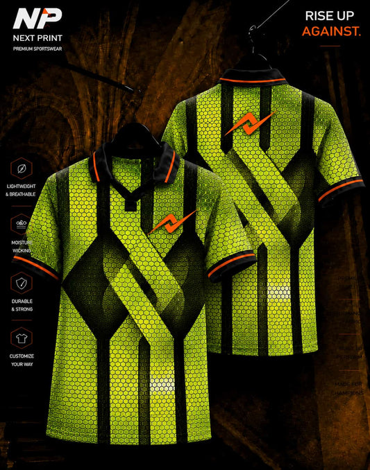 Neon lime and black honeycomb geometric sublimation polo sports jersey front and back by Next Print