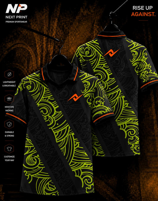 Neon lime and black tribal pattern custom polo sports jersey front and back by Next Print
