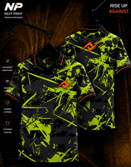 Neon lime green and black abstract splatter sublimation polo sports jersey front and back by Next Print