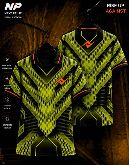 Neon lime green and black geometric sublimation sports jersey with polo collar by Next Print