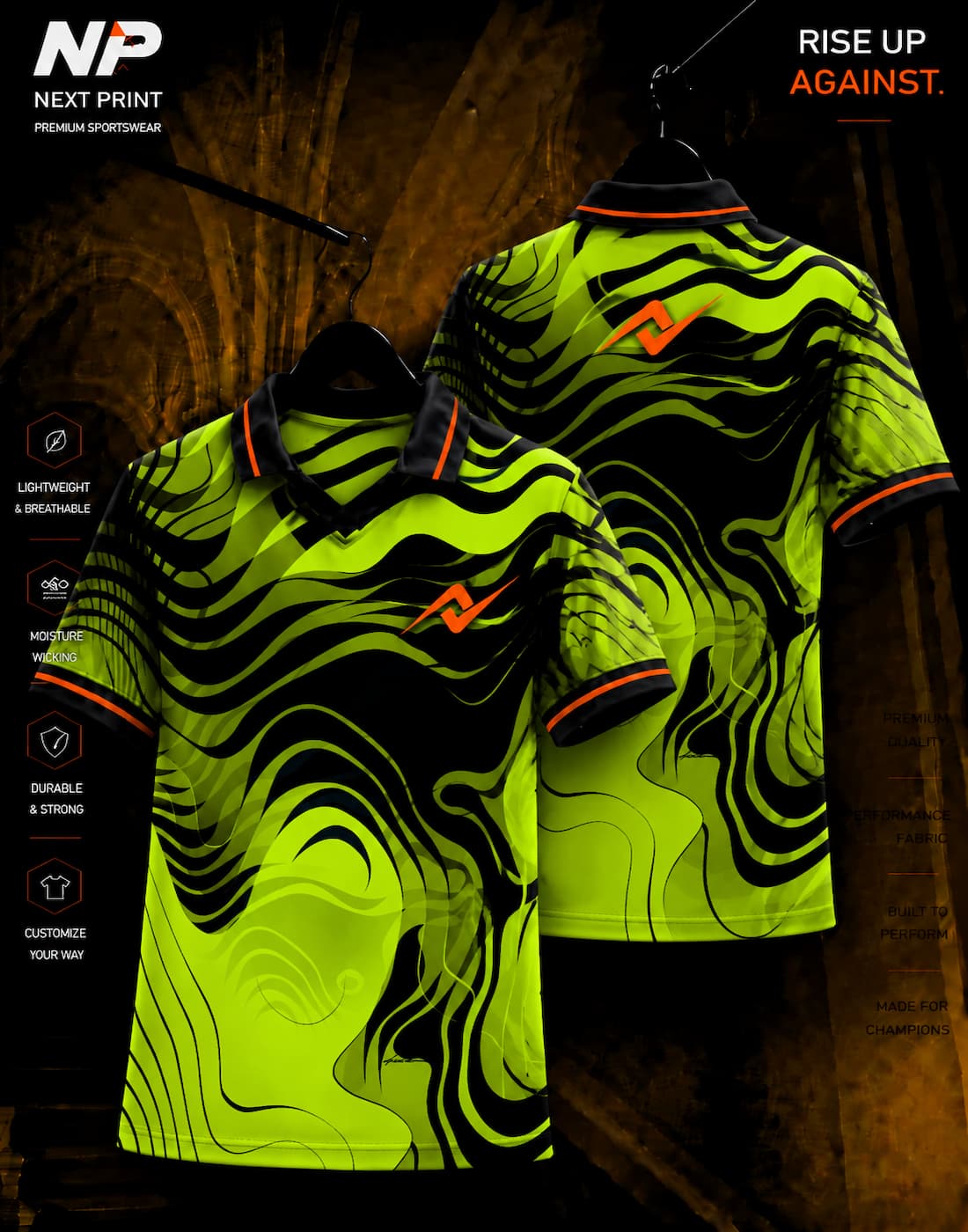 Neon lime and black abstract wave sublimation polo sports jersey by Next Print shown in front and back view