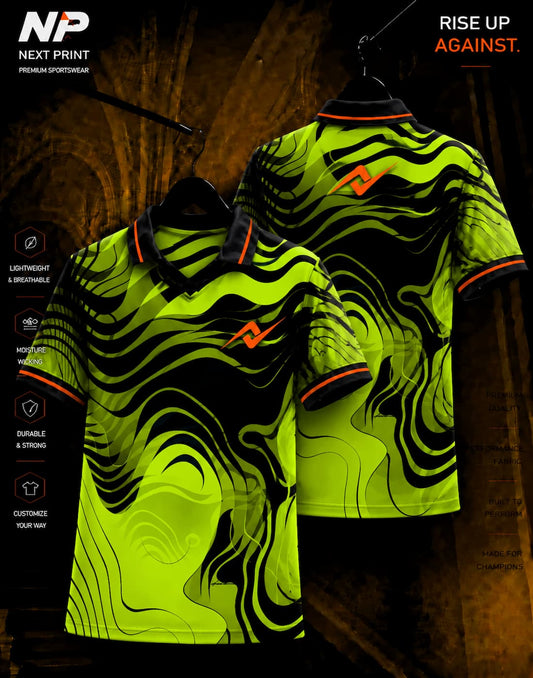 Neon lime and black abstract wave sublimation polo sports jersey by Next Print shown in front and back view