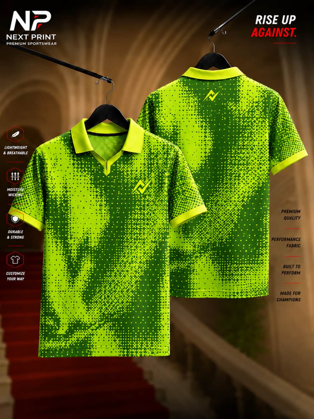 Neon lime green and dark green pixel camouflage custom performance polo sports jersey with front and back views.