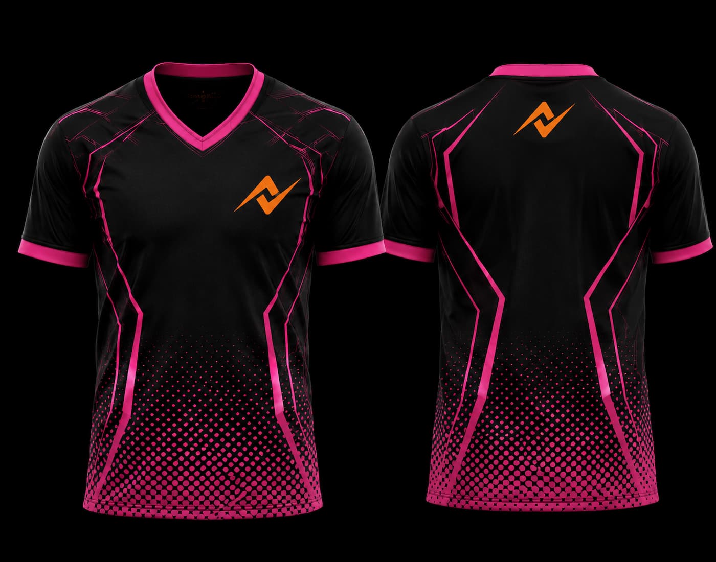 Front and back view of a black and neon pink V-neck esports jersey featuring futuristic geometric graphics, halftone fade details, and custom logo placement.