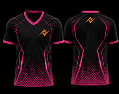 Front and back view of a black and neon pink V-neck esports jersey featuring futuristic geometric graphics, halftone fade details, and custom logo placement.