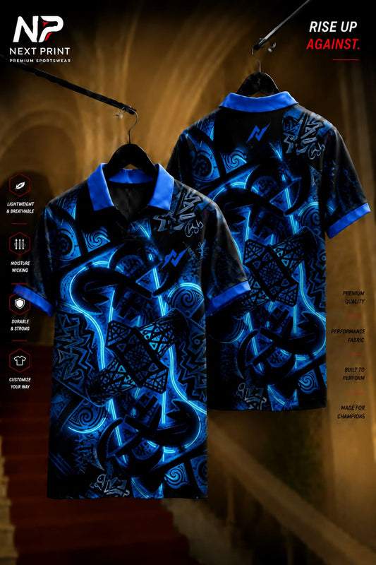 Black polo sports jersey with electric blue graffiti-inspired abstract graphics shown in front and back views, made from premium dry-fit performance fabric.