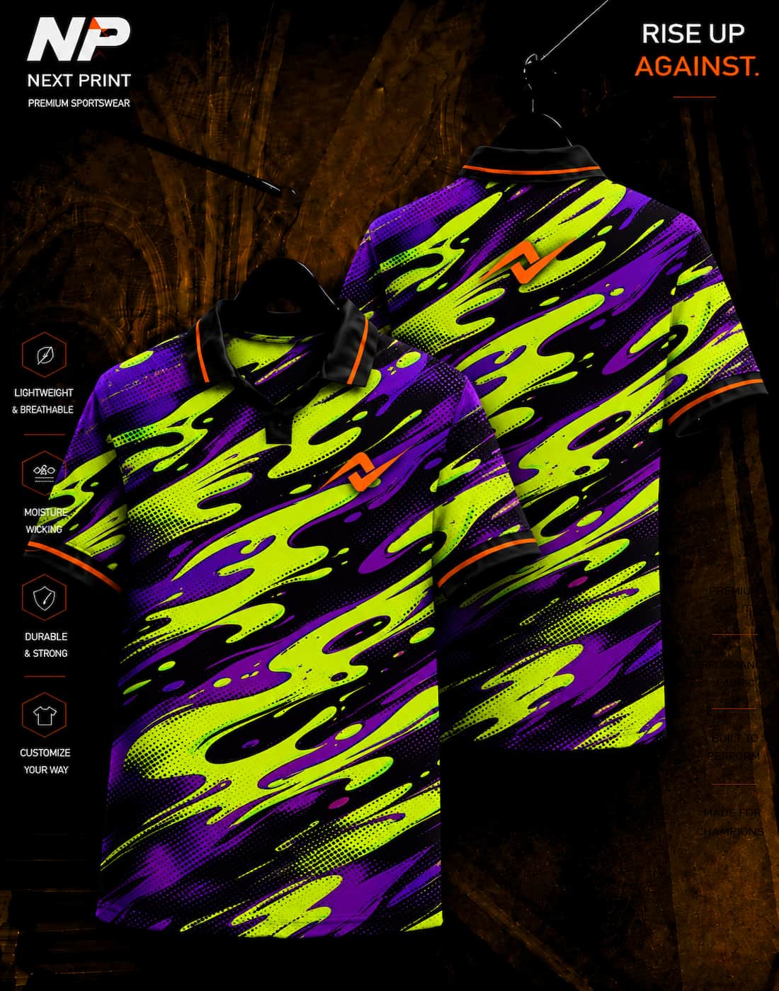 Neon slime purple green and black sublimation polo sports jersey by Next Print shown in front and back view