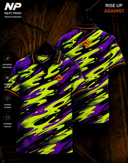 Neon slime purple green and black sublimation polo sports jersey by Next Print shown in front and back view