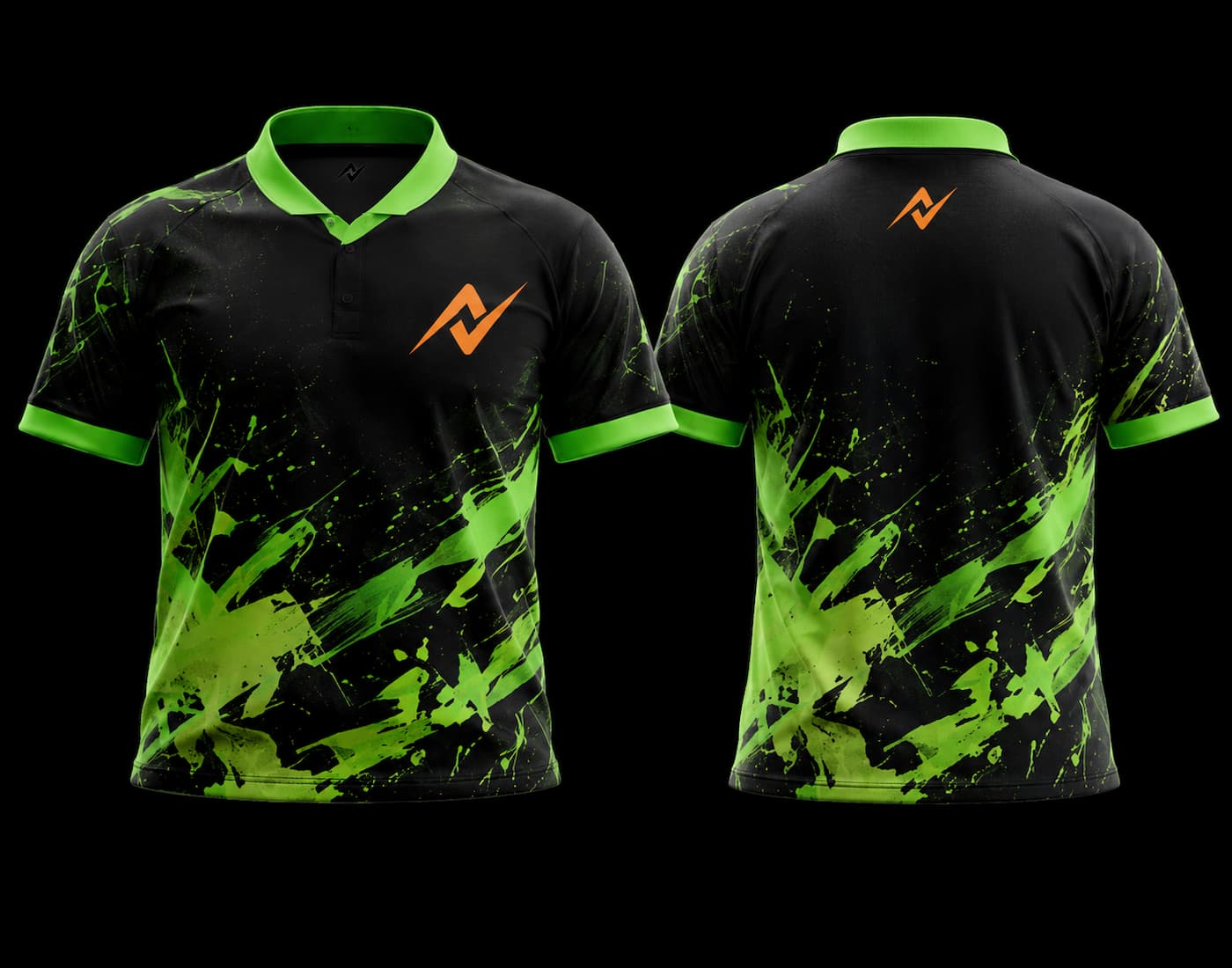 Black and neon green K-Pop esports jersey with abstract paint splash graphics, orange chest logo, and matching back neck logo shown in front and back view.