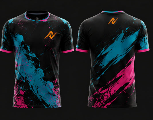 Front and back view of Neon Splash Free Fire esports jersey featuring black, cyan, and pink paint splash graphics with round neck collar and orange logo placement on chest and upper back neck.