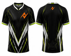Black, white and lime green V-neck esports gaming jersey front and back with futuristic geometric design and orange team logo.