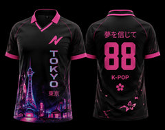 Front and back view of the Neon Tokyo black and pink K-Pop esports jersey featuring cyberpunk skyline graphics, Japanese typography, and number 88.