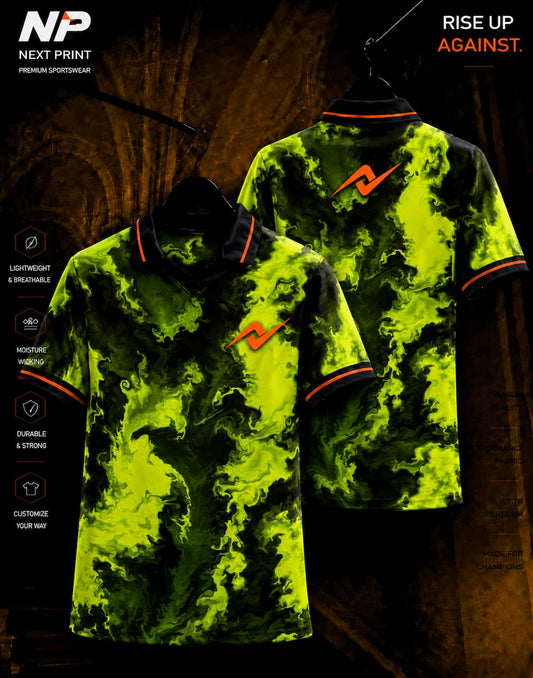 Neon toxic green and black liquid marble sublimation polo sports jersey front and back by Next Print