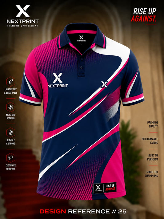 Premium navy blue and neon pink polo cricket jersey featuring dynamic curved graphics and breathable dry-fit performance fabric.
