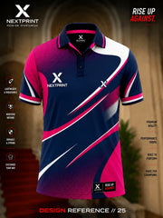 Premium navy blue and neon pink polo cricket jersey featuring dynamic curved graphics and breathable dry-fit performance fabric.