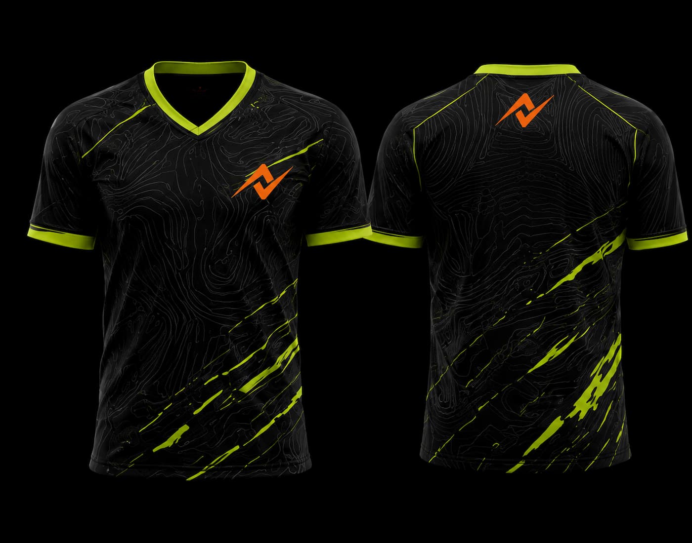 Front and back view of a black and neon lime V-neck esports jersey featuring a topographic pattern, dynamic streak graphics, and custom logo placement.