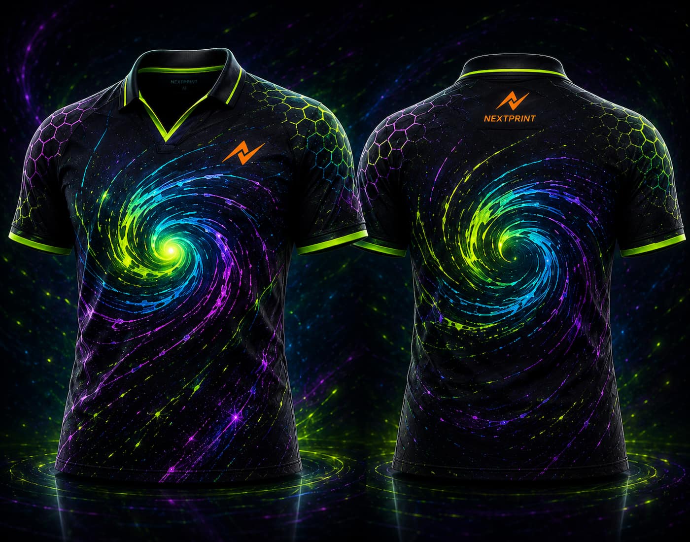 Front and back view of Neon Vortex black V-neck esports polo jersey featuring a glowing cosmic vortex design with neon green, cyan, and purple effects, side chest logo, and back neck logo placement.