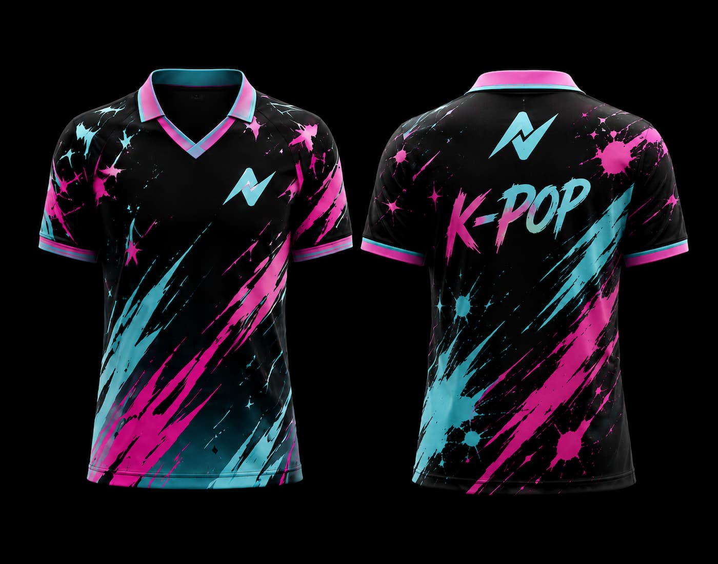 Front and back view of a black V-neck polo K-pop jersey featuring cyan and neon pink brushstroke graphics with premium sublimation printing and modern Korean streetwear styling.