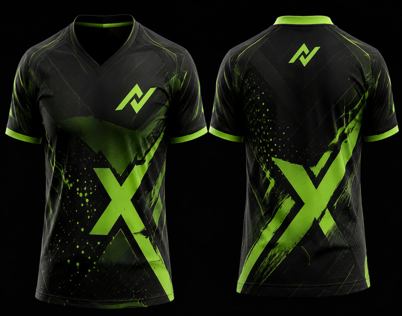 Front and back mockup of a black and lime green V-neck esports jersey featuring a bold oversized X graphic, chest logo, and back neck logo.