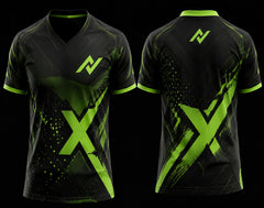Front and back mockup of a black and lime green V-neck esports jersey featuring a bold oversized X graphic, chest logo, and back neck logo.